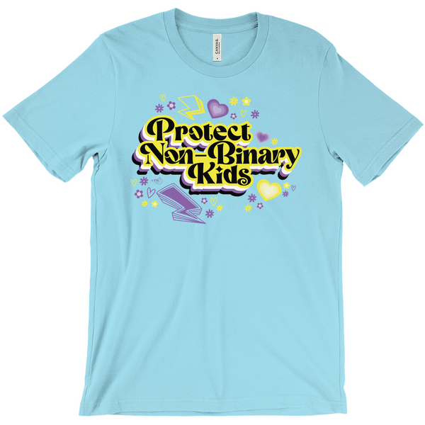 Based in Chicago by queer artist & designer Kayla Pekkala - Tiny Werewolves | Retro Protect Non-Binary Kids Tee in Turquoise | Shop to get your Tee with collections featuring retro-inspired designs infused with social commentary art, highlighting modern social & current events.