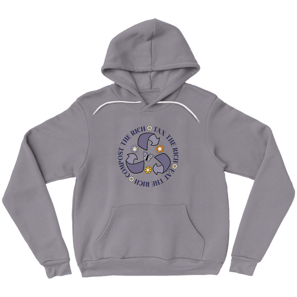 Based in Chicago by queer artist & designer Kayla Pekkala - Tiny Werewolves | Tax | Eat | Compost the Rich Pullover Hoodie in Storm | Shop to get your Pullover Hoodie with collections featuring retro-inspired designs infused with social commentary art, highlighting modern social & current events.