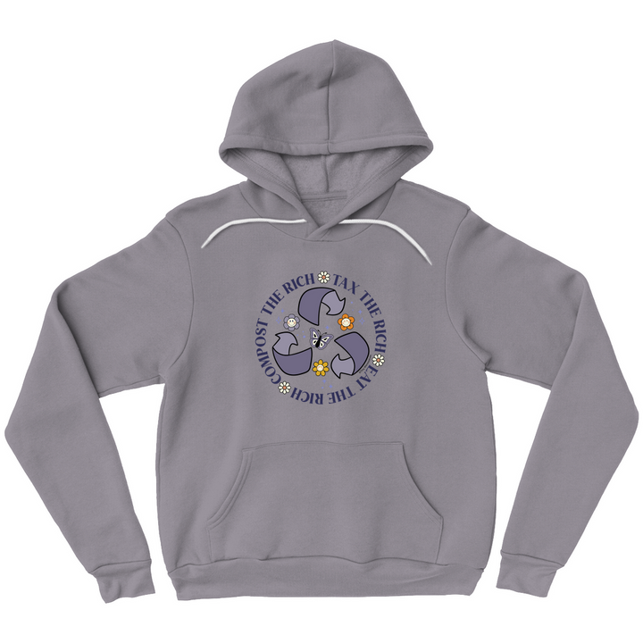 Based in Chicago by queer artist & designer Kayla Pekkala - Tiny Werewolves | Tax | Eat | Compost the Rich Pullover Hoodie in Storm | Shop to get your Pullover Hoodie with collections featuring retro-inspired designs infused with social commentary art, highlighting modern social & current events.