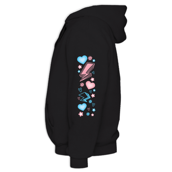 Based in Chicago by queer artist & designer Kayla Pekkala - Tiny Werewolves | Protect Trans Kids Midweight Printed Sleeve Pullover Hoodie in | Shop to get your Pullover Hoodie with collections featuring retro-inspired designs infused with social commentary art, highlighting modern social & current events.