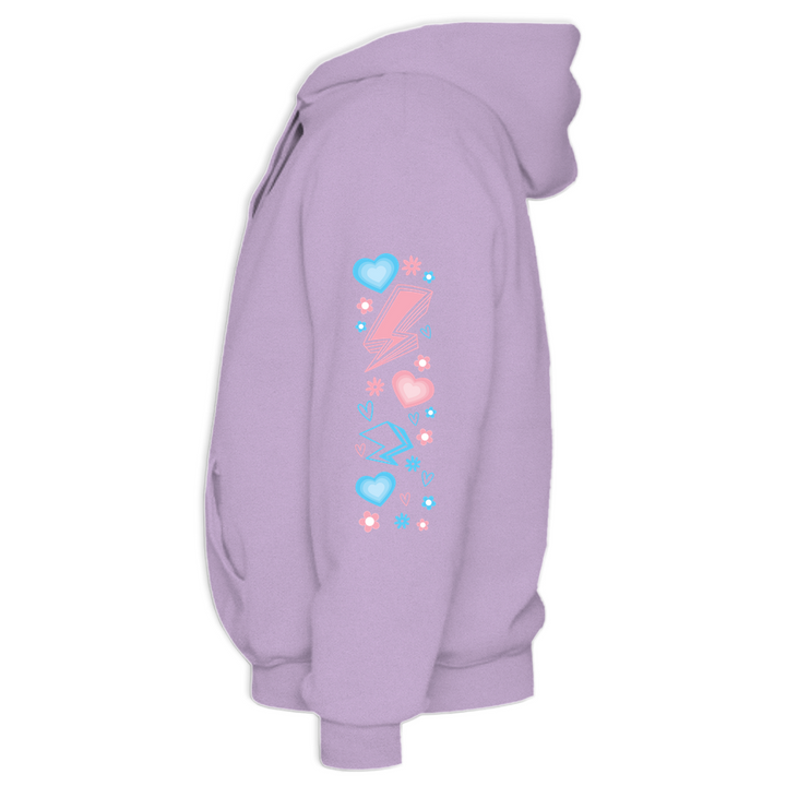 Based in Chicago by queer artist & designer Kayla Pekkala - Tiny Werewolves | Protect Trans Kids Midweight Printed Sleeve Pullover Hoodie in | Shop to get your Pullover Hoodie with collections featuring retro-inspired designs infused with social commentary art, highlighting modern social & current events.
