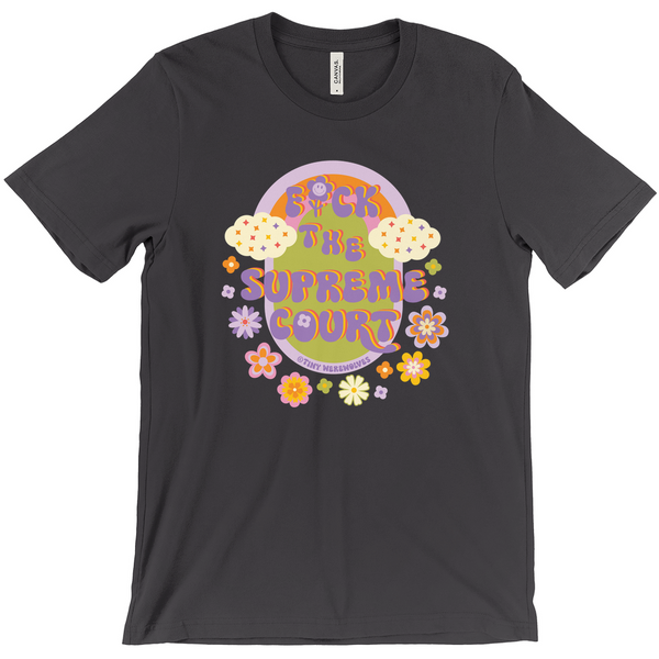 Based in Chicago by queer artist & designer Kayla Pekkala - Tiny Werewolves | Fuck The Supreme Court Tee in Dark Heather Grey | Shop to get your Tee with collections featuring retro-inspired designs infused with social commentary art, highlighting modern social & current events.