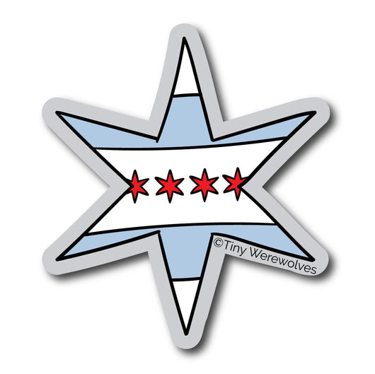 Based in Chicago by queer artist & designer Kayla Pekkala - Tiny Werewolves | Chicago Star Flag Sticker in | Shop to get your Sticker with collections featuring retro-inspired designs infused with social commentary art, highlighting modern social & current events.