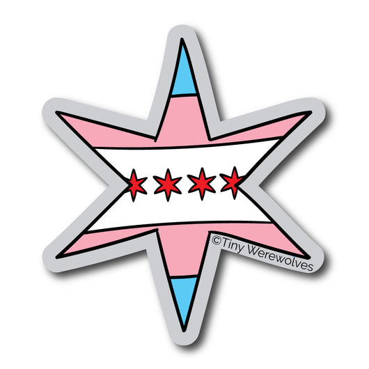 Based in Chicago by queer artist & designer Kayla Pekkala - Tiny Werewolves | Chicago Star Transgender Pride Flag Sticker in | Shop to get your Sticker with collections featuring retro-inspired designs infused with social commentary art, highlighting modern social & current events.