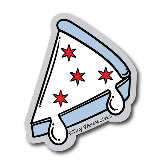 Based in Chicago by queer artist & designer Kayla Pekkala - Tiny Werewolves | Chicago Deep Dish Pizza Flag Sticker in | Shop to get your Sticker with collections featuring retro-inspired designs infused with social commentary art, highlighting modern social & current events.