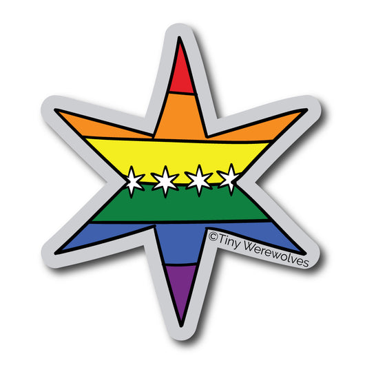 Based in Chicago by queer artist & designer Kayla Pekkala - Tiny Werewolves | Chicago Star Rainbow Pride Flag Sticker in | Shop to get your Sticker with collections featuring retro-inspired designs infused with social commentary art, highlighting modern social & current events.