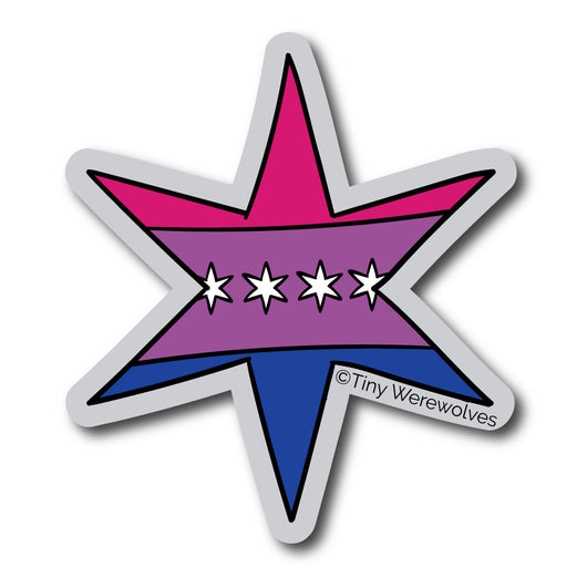 Based in Chicago by queer artist & designer Kayla Pekkala - Tiny Werewolves | Chicago Star Bisexual Pride Flag Sticker in | Shop to get your Sticker with collections featuring retro-inspired designs infused with social commentary art, highlighting modern social & current events.