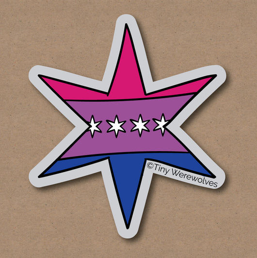 Based in Chicago by queer artist & designer Kayla Pekkala - Tiny Werewolves | Chicago Star Bisexual Pride Flag Sticker in 5" Sticker | Shop to get your Sticker with collections featuring retro-inspired designs infused with social commentary art, highlighting modern social & current events.