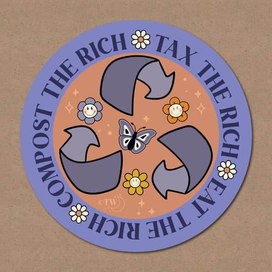 Based in Chicago by queer artist & designer Kayla Pekkala - Tiny Werewolves | Tax | Eat | Compost the Rich Sticker in | Shop to get your Sticker with collections featuring retro-inspired designs infused with social commentary art, highlighting modern social & current events.