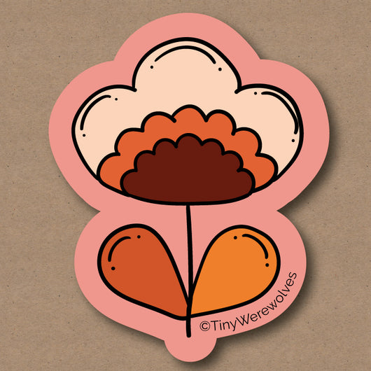 Based in Chicago by queer artist & designer Kayla Pekkala - Tiny Werewolves | Coral Retro Flower Sticker in | Shop to get your Sticker with collections featuring retro-inspired designs infused with social commentary art, highlighting modern social & current events.