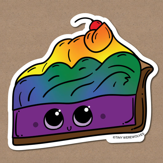 Based in Chicago by queer artist & designer Kayla Pekkala - Tiny Werewolves | Rainbow Pie Sticker in | Shop to get your Sticker with collections featuring retro-inspired designs infused with social commentary art, highlighting modern social & current events.