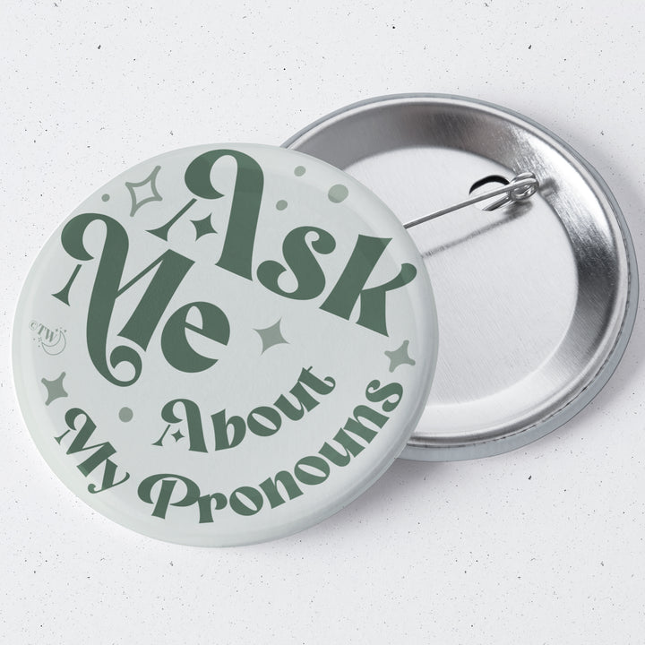 Based in Chicago by queer artist & designer Kayla Pekkala - Tiny Werewolves | Ask Me About My Pronouns Retro Stars 1.75" Button Pin in | Shop to get your Metal Pinback Button with collections featuring retro-inspired designs infused with social commentary art, highlighting modern social & current events.
