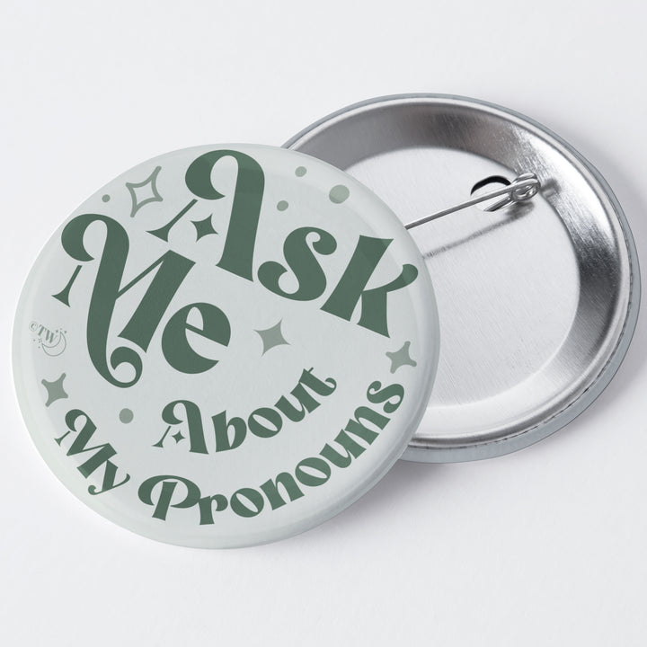 Based in Chicago by queer artist & designer Kayla Pekkala - Tiny Werewolves | Ask Me About My Pronouns Retro Stars 1.75" Button Pin in | Shop to get your Metal Pinback Button with collections featuring retro-inspired designs infused with social commentary art, highlighting modern social & current events.