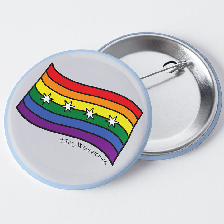 Based in Chicago by queer artist & designer Kayla Pekkala - Tiny Werewolves | Chicago Rainbow Pride Flag 1.75" Button Pin in | Shop to get your Metal Pinback Button with collections featuring retro-inspired designs infused with social commentary art, highlighting modern social & current events.