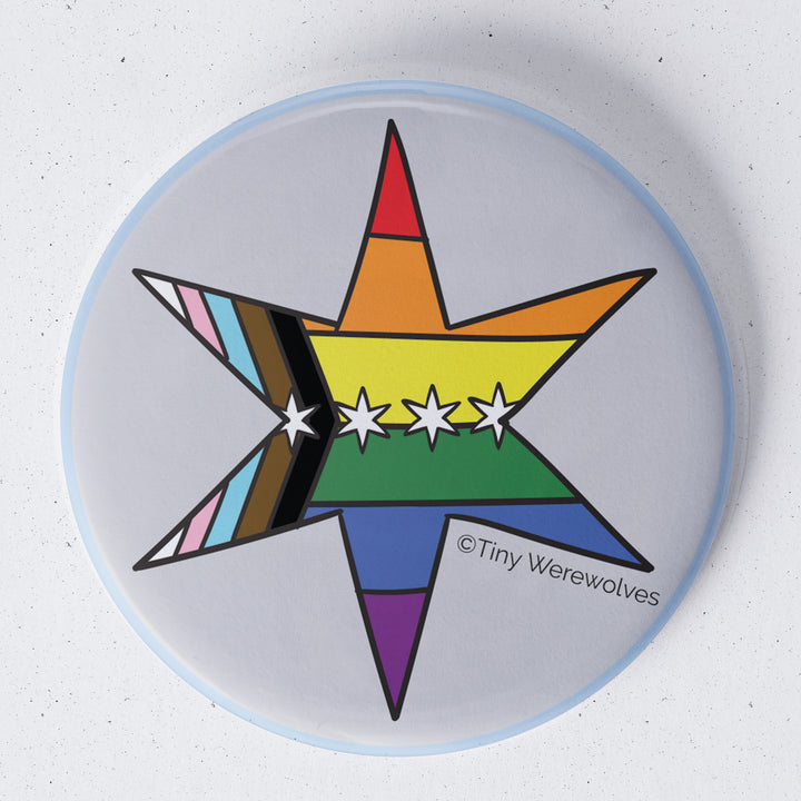 Based in Chicago by queer artist & designer Kayla Pekkala - Tiny Werewolves | Chicago Star Progressive Rainbow Pride Flag 1.75" Button Pin in | Shop to get your Metal Pinback Button with collections featuring retro-inspired designs infused with social commentary art, highlighting modern social & current events.