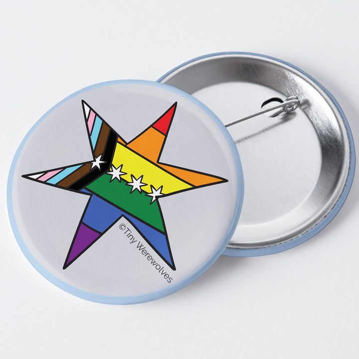 Based in Chicago by queer artist & designer Kayla Pekkala - Tiny Werewolves | Chicago Star Progressive Rainbow Pride Flag 1.75" Button Pin in | Shop to get your Metal Pinback Button with collections featuring retro-inspired designs infused with social commentary art, highlighting modern social & current events.