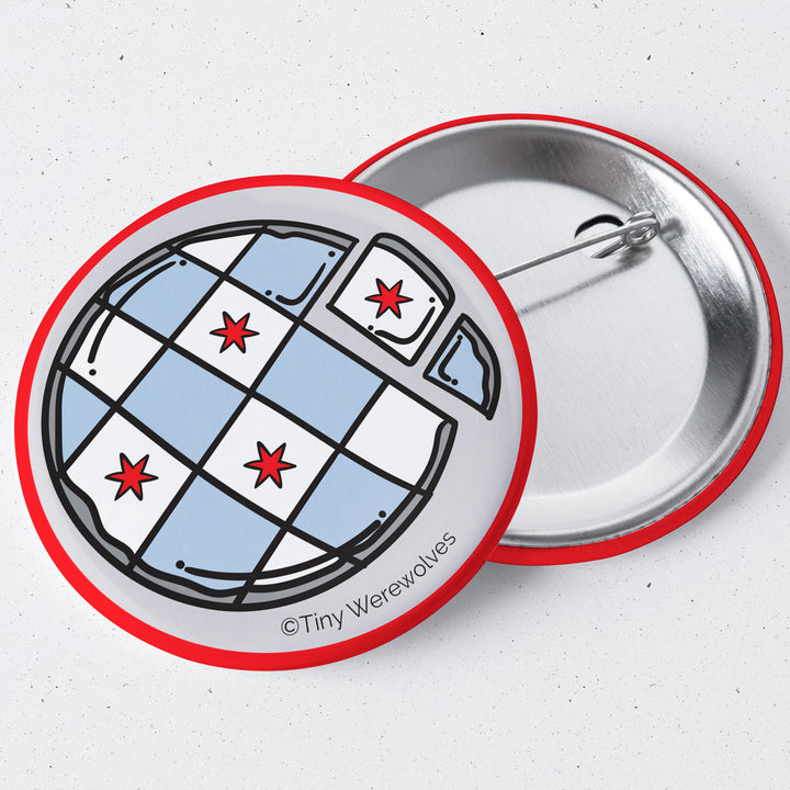 Based in Chicago by queer artist & designer Kayla Pekkala - Tiny Werewolves | Chicago Thin Crust Pizza Flag 1.75" Button Pin in | Shop to get your Metal Pinback Button with collections featuring retro-inspired designs infused with social commentary art, highlighting modern social & current events.