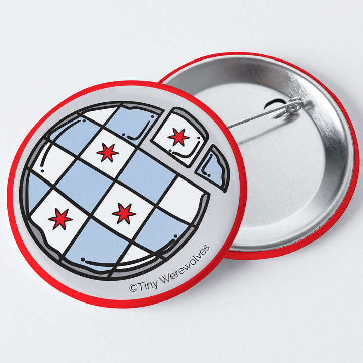 Based in Chicago by queer artist & designer Kayla Pekkala - Tiny Werewolves | Chicago Thin Crust Pizza Flag 1.75" Button Pin in | Shop to get your Metal Pinback Button with collections featuring retro-inspired designs infused with social commentary art, highlighting modern social & current events.