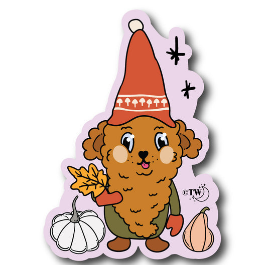 Based in Chicago by queer artist & designer Kayla Pekkala - Tiny Werewolves | Gnome Dog Leaf Sticker in 5" Sticker | Shop to get your Sticker with collections featuring retro-inspired designs infused with social commentary art, highlighting modern social & current events.
