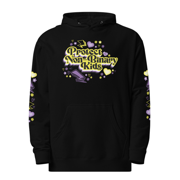 Based in Chicago by queer artist & designer Kayla Pekkala - Tiny Werewolves | Protect Non-Binary Kids Midweight Printed Sleeve Pullover Hoodie in Black | Shop to get your Pullover Hoodie with collections featuring retro-inspired designs infused with social commentary art, highlighting modern social & current events.