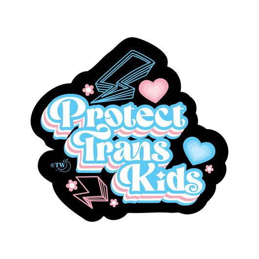 Based in Chicago by queer artist & designer Kayla Pekkala - Tiny Werewolves | Retro Protect Trans Kids Decal Sticker in | Shop to get your Sticker with collections featuring retro-inspired designs infused with social commentary art, highlighting modern social & current events.