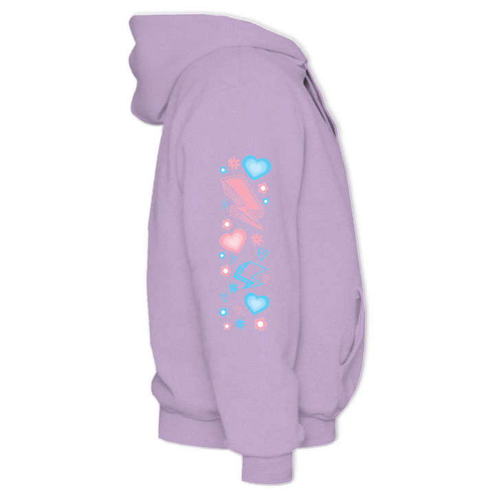 Based in Chicago by queer artist & designer Kayla Pekkala - Tiny Werewolves | Protect Trans Kids Midweight Printed Sleeve Pullover Hoodie in | Shop to get your Pullover Hoodie with collections featuring retro-inspired designs infused with social commentary art, highlighting modern social & current events.