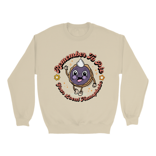 Based in Chicago by queer artist & designer Kayla Pekkala - Tiny Werewolves | Pie Your Local Transphobe Crew Sweatshirt in Sand | Shop to get your Crew with collections featuring retro-inspired designs infused with social commentary art, highlighting modern social & current events.