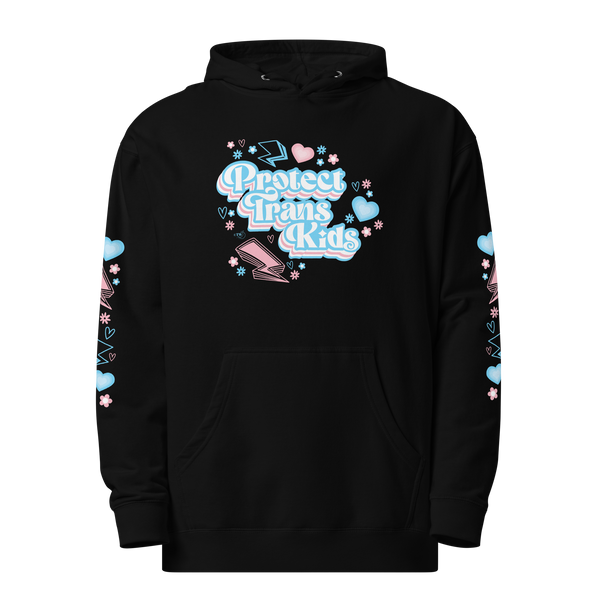 Based in Chicago by queer artist & designer Kayla Pekkala - Tiny Werewolves | Protect Trans Kids Midweight Printed Sleeve Pullover Hoodie in Black | Shop to get your Pullover Hoodie with collections featuring retro-inspired designs infused with social commentary art, highlighting modern social & current events.