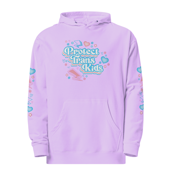 Based in Chicago by queer artist & designer Kayla Pekkala - Tiny Werewolves | Protect Trans Kids Midweight Printed Sleeve Pullover Hoodie in Lavender | Shop to get your Pullover Hoodie with collections featuring retro-inspired designs infused with social commentary art, highlighting modern social & current events.