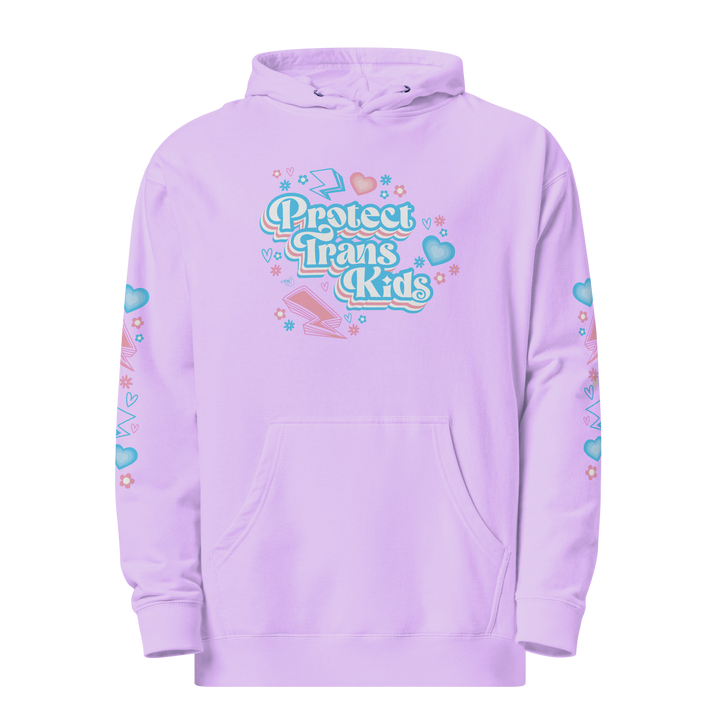 Based in Chicago by queer artist & designer Kayla Pekkala - Tiny Werewolves | Protect Trans Kids Midweight Printed Sleeve Pullover Hoodie in Lavender | Shop to get your Pullover Hoodie with collections featuring retro-inspired designs infused with social commentary art, highlighting modern social & current events.