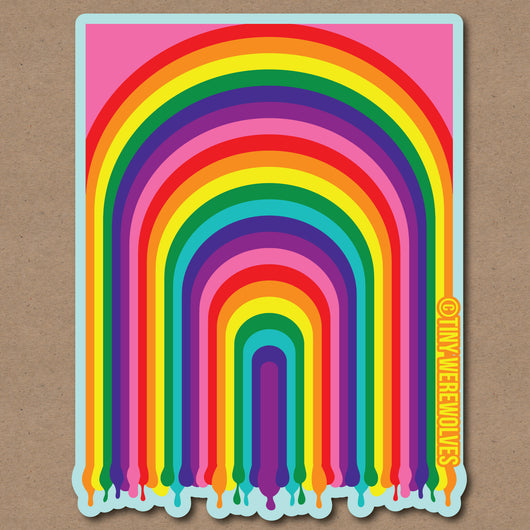 Based in Chicago by queer artist & designer Kayla Pekkala - Tiny Werewolves | 1970's Dripping Rainbow Sticker in | Shop to get your Sticker with collections featuring retro-inspired designs infused with social commentary art, highlighting modern social & current events.