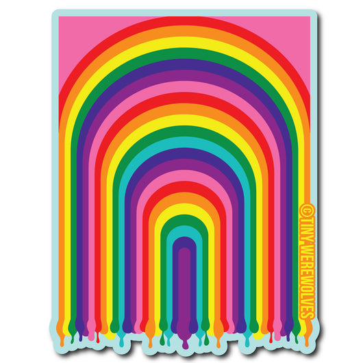 Based in Chicago by queer artist & designer Kayla Pekkala - Tiny Werewolves | 1970's Dripping Rainbow Sticker in 5" Sticker | Shop to get your Sticker with collections featuring retro-inspired designs infused with social commentary art, highlighting modern social & current events.