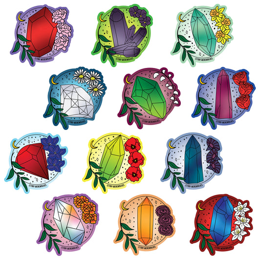 Based in Chicago by queer artist & designer Kayla Pekkala - Tiny Werewolves | Crystal & Flower Birthstone Mini Sticker Pack in 1.5" Mini Sticker Pack | Shop to get your Sticker with collections featuring retro-inspired designs infused with social commentary art, highlighting modern social & current events.