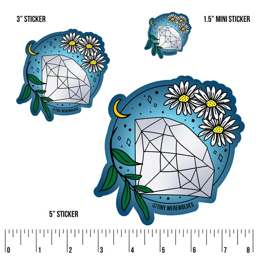 Based in Chicago by queer artist & designer Kayla Pekkala - Tiny Werewolves | April Crystal & Flower Birthstone Sticker in | Shop to get your Sticker with collections featuring retro-inspired designs infused with social commentary art, highlighting modern social & current events.