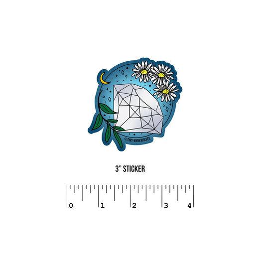 Based in Chicago by queer artist & designer Kayla Pekkala - Tiny Werewolves | April Crystal & Flower Birthstone Sticker in 3" Sticker | Shop to get your Sticker with collections featuring retro-inspired designs infused with social commentary art, highlighting modern social & current events.