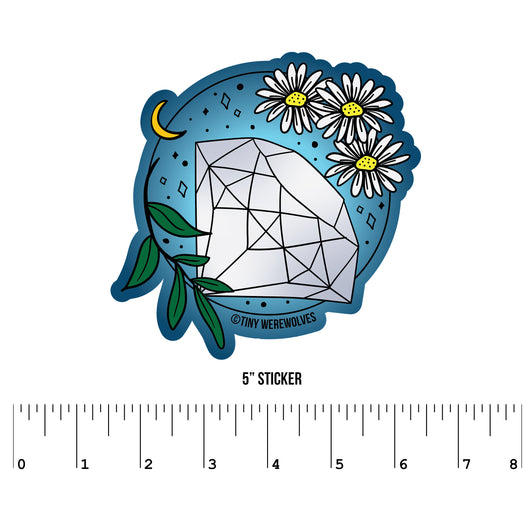 Based in Chicago by queer artist & designer Kayla Pekkala - Tiny Werewolves | April Crystal & Flower Birthstone Sticker in 5" Sticker | Shop to get your Sticker with collections featuring retro-inspired designs infused with social commentary art, highlighting modern social & current events.