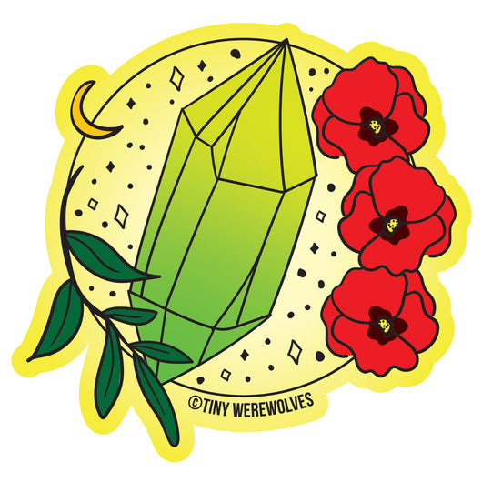 Based in Chicago by queer artist & designer Kayla Pekkala - Tiny Werewolves | August Crystal & Flower Birthstone Sticker in | Shop to get your Sticker with collections featuring retro-inspired designs infused with social commentary art, highlighting modern social & current events.