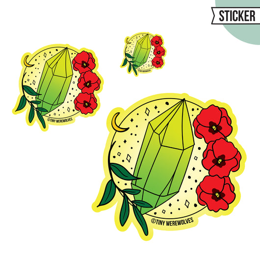 Based in Chicago by queer artist & designer Kayla Pekkala - Tiny Werewolves | August Crystal & Flower Birthstone Sticker in | Shop to get your Sticker with collections featuring retro-inspired designs infused with social commentary art, highlighting modern social & current events.