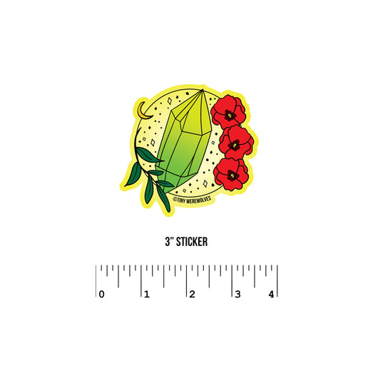 Based in Chicago by queer artist & designer Kayla Pekkala - Tiny Werewolves | August Crystal & Flower Birthstone Sticker in 3" Sticker | Shop to get your Sticker with collections featuring retro-inspired designs infused with social commentary art, highlighting modern social & current events.