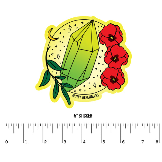 Based in Chicago by queer artist & designer Kayla Pekkala - Tiny Werewolves | August Crystal & Flower Birthstone Sticker in 5" Sticker | Shop to get your Sticker with collections featuring retro-inspired designs infused with social commentary art, highlighting modern social & current events.