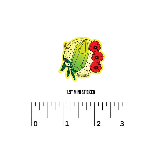 Based in Chicago by queer artist & designer Kayla Pekkala - Tiny Werewolves | August Crystal & Flower Birthstone Sticker in 1.5" Mini Sticker | Shop to get your Sticker with collections featuring retro-inspired designs infused with social commentary art, highlighting modern social & current events.