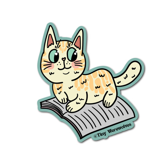 Based in Chicago by queer artist & designer Kayla Pekkala - Tiny Werewolves | Book Kitties Stickers in Orange Cat | Shop to get your Sticker with collections featuring retro-inspired designs infused with social commentary art, highlighting modern social & current events.