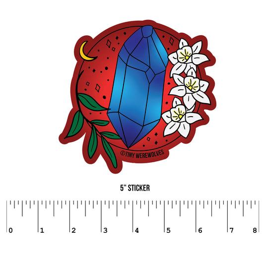 Based in Chicago by queer artist & designer Kayla Pekkala - Tiny Werewolves | December Crystal & Flower Birthstone Sticker in 5" Sticker | Shop to get your Sticker with collections featuring retro-inspired designs infused with social commentary art, highlighting modern social & current events.