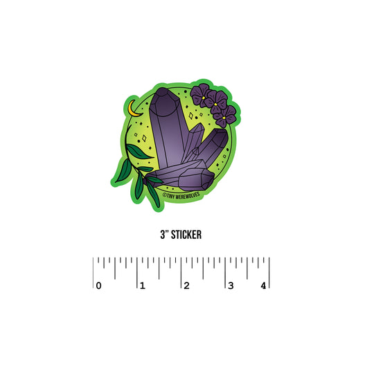 Based in Chicago by queer artist & designer Kayla Pekkala - Tiny Werewolves | February Crystal & Flower Birthstone Sticker in 3" Sticker | Shop to get your Sticker with collections featuring retro-inspired designs infused with social commentary art, highlighting modern social & current events.