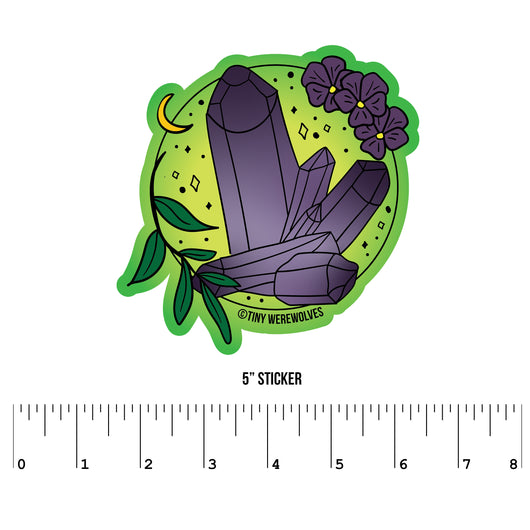 Based in Chicago by queer artist & designer Kayla Pekkala - Tiny Werewolves | February Crystal & Flower Birthstone Sticker in 5" Sticker | Shop to get your Sticker with collections featuring retro-inspired designs infused with social commentary art, highlighting modern social & current events.