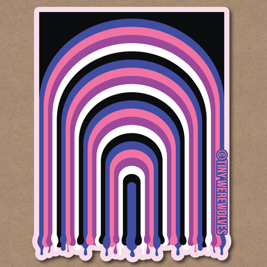 Based in Chicago by queer artist & designer Kayla Pekkala - Tiny Werewolves | Genderfluid Dripping Rainbow Sticker in | Shop to get your Sticker with collections featuring retro-inspired designs infused with social commentary art, highlighting modern social & current events.