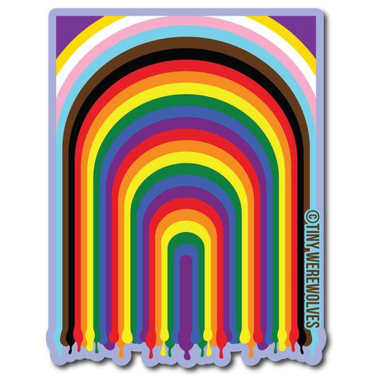 Based in Chicago by queer artist & designer Kayla Pekkala - Tiny Werewolves | Intersex-Inclusive Progress Dripping Rainbow Sticker in 5" Sticker | Shop to get your Sticker with collections featuring retro-inspired designs infused with social commentary art, highlighting modern social & current events.