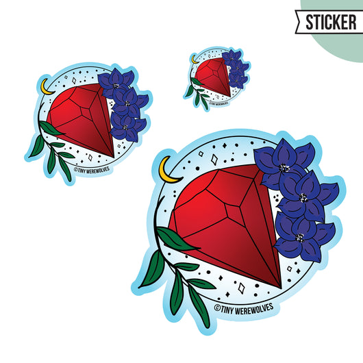 Based in Chicago by queer artist & designer Kayla Pekkala - Tiny Werewolves | July Crystal & Flower Birthstone Sticker in | Shop to get your Sticker with collections featuring retro-inspired designs infused with social commentary art, highlighting modern social & current events.