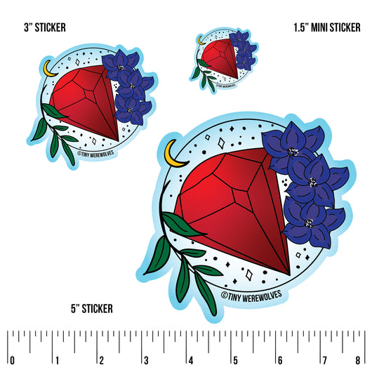 Based in Chicago by queer artist & designer Kayla Pekkala - Tiny Werewolves | July Crystal & Flower Birthstone Sticker in | Shop to get your Sticker with collections featuring retro-inspired designs infused with social commentary art, highlighting modern social & current events.