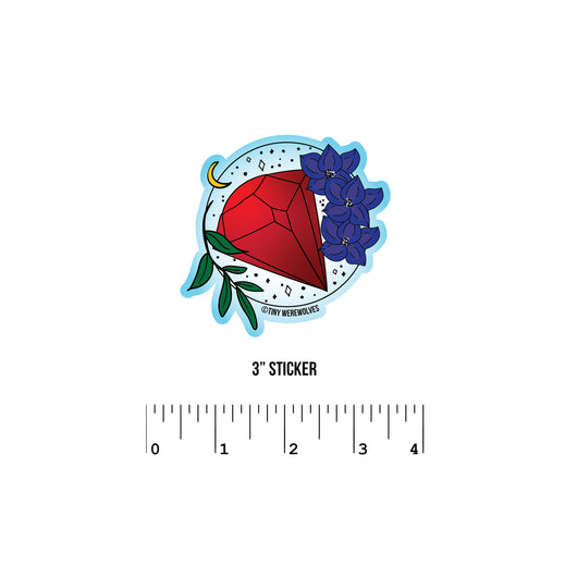 Based in Chicago by queer artist & designer Kayla Pekkala - Tiny Werewolves | July Crystal & Flower Birthstone Sticker in 3" Sticker | Shop to get your Sticker with collections featuring retro-inspired designs infused with social commentary art, highlighting modern social & current events.